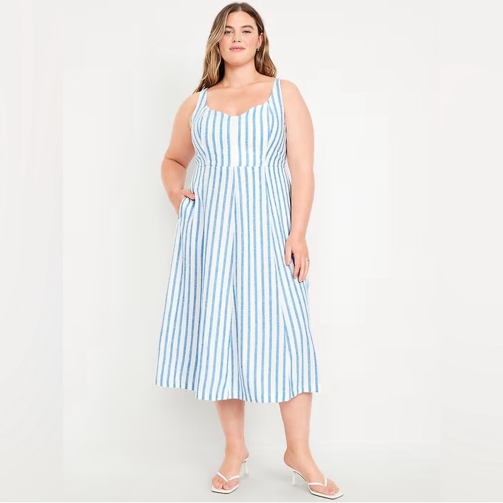 NWT Old Navy 3X Fit & Flare Sleeveless Linen-Blend Midi Dress Blue White Stripes